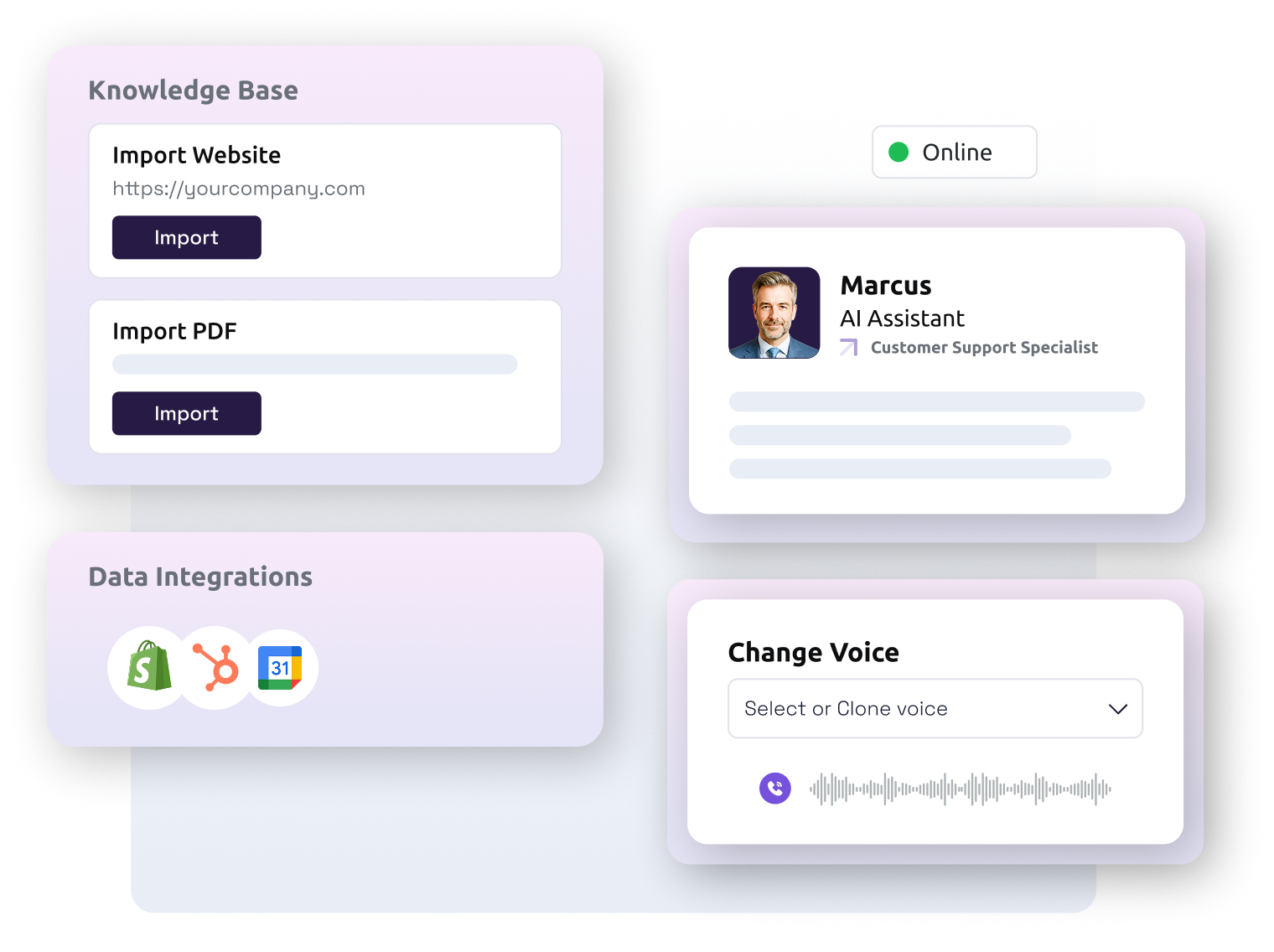 Audial AI assistant configuration dashboard showing knowledge base import, data integrations, agent profile for Marcus, and voice selection.