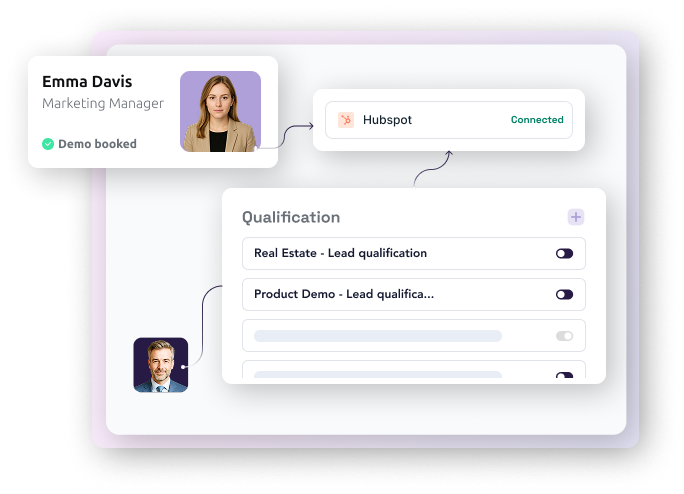 Audial AI lead qualification interface showing customer card, Hubspot integration, and qualification rules.